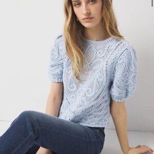 VIIIRAL! NWT WHITE HOUSE BLACK MARKET novelty crochet sweater in skyway blue